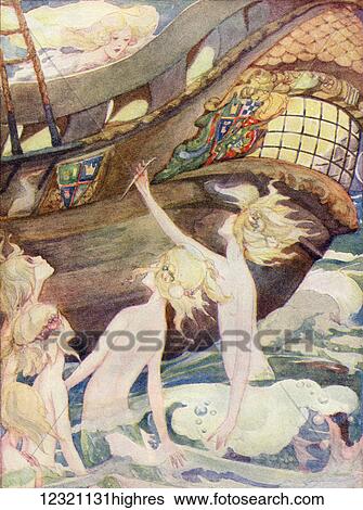 Stock Photograph - The Little Mermaid, illustration from The Golden Wonder Book published 1934. She saw her sisters rise out of the sea, handing her a penknife with which they told her to kill the prince.. Fotosearch
