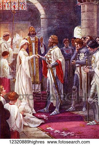 Stock Photograph - The Marriage of King Arthur and Guinevere. Coloured illustration from the book The Gateway to Tennyson published 1910.. Fotosearch