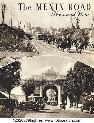 Stock Photograph - The Menin Road, Ypres Then and Now. From the magazine Twenty Years After The Battlefields of 1914-1918 Then and Now by Sir Ernest Swinton published 1938.. Fotosearch