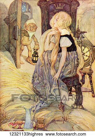 Stock Photograph - The Miller's Daughter, illustration from The Golden Wonder Book published 1934. Suddenly the door opened and into the room appeared a little man who said, Good evening my child. Why are you weeping so bitterly?. Fotosearch