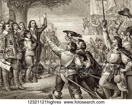Stock Photograph - The opening scene of the First English Civil War. Charles I erecting his royal standard at Nottingham, England, August 22nd, 1642. Charles I, 1600 to 1649. King of England, Scotland, Ireland. From Illustrations of English and Scottish History.... Fotosearch