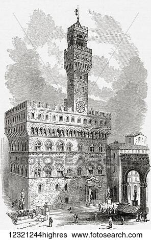Stock Photograph - The Palazzo Vecchio, Florence, Tuscany, Italy in the late 19th century. From Italian Pictures by Rev. Samuel Manning, published c. 1890.. Fotosearch