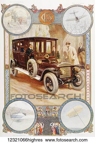 Stock Photograph - The Petrol Era, five phases of the great power of the reign of King George V. Centre plate, King George entering his Daimler car. Top left, petrol and the farm wagon. Top right, petrol and the aeroplane. Bottom right, petrol and the dirigible.... Fotosearch