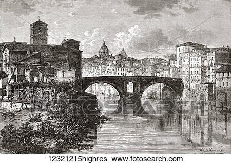 Stock Photograph - The Pons Fabricius, or Ponte dei Quattro Capi, and Tiber Island, Rome, Italy in the late 19th cenutry. From Italian Pictures by Rev. Samuel Manning, published c. 1890.. Fotosearch