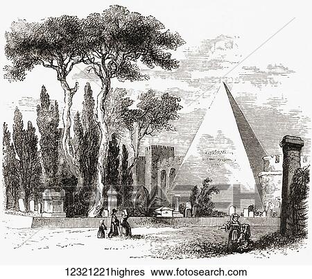 Stock Photograph - The Protestant Cemetery and The Pyramid of Cestius, Rome, Italy in the late 19th century. From Italian Pictures by Rev. Samuel Manning, published c. 1890.. Fotosearch