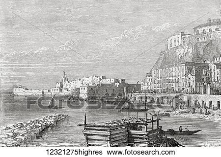Stock Photograph - The Quay at Santa Lucia, Naples, Italy in the late 19th century. From Italian Pictures by Rev. Samuel Manning, published c. 1890.. Fotosearch