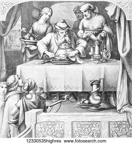 The Self-Interpreting Family Bible, Brown, Rev. John. Circa 1880. Line block etching. A rich mans feast View Large Photo Image Stock Photograph - The Self-Interpreting Family Bible, Brown, Rev. John. Circa 1880. Line block etching. A rich mans feast. Fotosearch