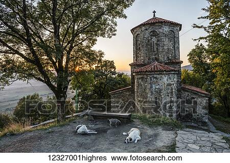 Stock Photograph - The setting sun illuminates the ancient Nekresi Monastery (6th century) and a pack of local dogs; Georgia. Fotosearch