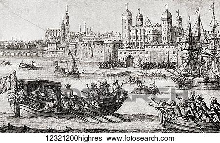 Stock Photograph - The Seven Bishops of the Church of England going to the Tower of London in 1688, where they were imprisoned and tried for seditious libel over their opposition to the second Declaration of Indulgence issued by James II. From The Story of England,.... Fotosearch