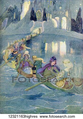 Stock Photograph - The Shoes Which Were Danced to Pieces. Illustration from The Golden Wonder Book for Children published 1934. On the lake he saw that there were twelve little boats and in each boat were seated a handsome prince and one of the beautiful sisters.. Fotosearch