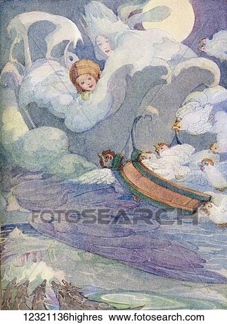 Stock Photograph - The Snow Queen, illustration from The Golden Wonder Book published 1934. Kay's sledge was fastened to one of the white fowls which flew with it on its back.. Fotosearch