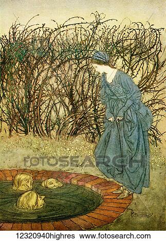 Stock Photograph - The Three Heads of the Well. From the book English Fairy Tales retold by F. A. Steel with illustrations by Arthur Rackham, published 1927.. Fotosearch