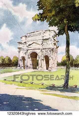 Stock Photograph - The Triumphal Arch, Orange, Vaucluse, France. Colour illustration from the book France by Gordon Home published 1918. Fotosearch