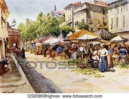 Stock Photograph - The Vegeatable Market, Nice, France. Colour illustration from the book France by Gordon Home published 1918. Fotosearch