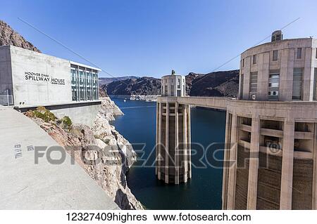 Stock Photograph - The view from the roadway for tourists walking towards the experience centre at the Hoover Dam; Arizona, United States of America. Fotosearch