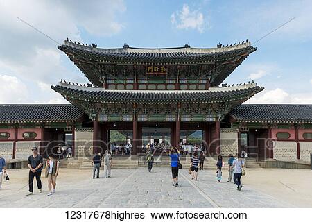 Tourists at Gyeongbokgung Palace; Seoul, Korea View Large Photo Image Stock Photograph - Tourists at Gyeongbokgung Palace; Seoul, Korea. Fotosearch