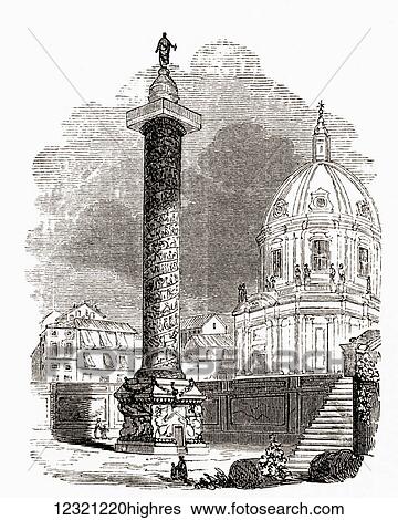 Stock Photograph - Trajan's Column, Trajan's Forum, Rome, Italy, in the late 19th century. From Italian Pictures by Rev. Samuel Manning, published c. 1890.. Fotosearch