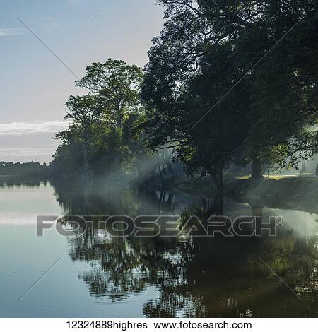 Tranquil water reflects trees along the shoreline through the mist; Krong Siem Reap, Siem Reap Province, Cambo View Large Photo Image Stock Photograph - Tranquil water reflects trees along the shoreline through the mist; Krong Siem Reap, Siem Reap Province, Cambo. Fotosearch