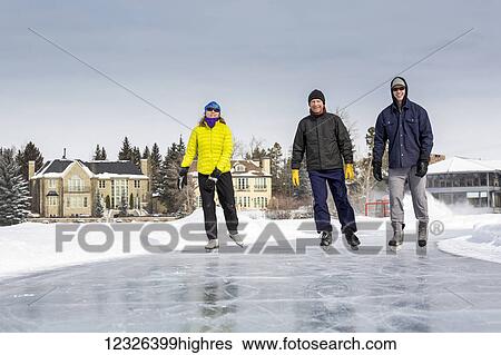 Stock Photograph - Two males and one female skating on freshly groomed ice on pond with houses in the background; Calgary, Alberta, Canada. Fotosearch