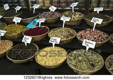Variety of tea leaves for sale at the Arab Market in the Old City of Jerusalem; Jerusalem, Israel View Large Photo Image Stock Photograph - Variety of tea leaves for sale at the Arab Market in the Old City of Jerusalem; Jerusalem, Israel. Fotosearch