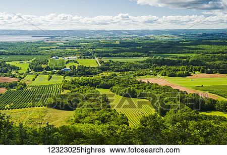 Stock Photograph - View from Blomidon Lookoff showing farmland, Annapolis Valley; Nova Scotia, Canada. Fotosearch