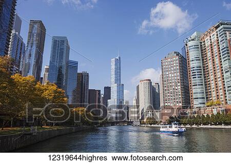 Stock Photograph - View of downtown Chicago from Riverwalk at 0rth Lake Shore Drive; Chicago, Illi0is, United States of America. Fotosearch