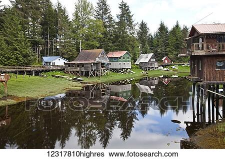 Stock Photograph - View of houses along Hammer Slough in Petersburg, Southeast Alaska, USA. Fotosearch