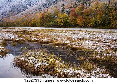 Stock Photograph - View of North-east Margaree river and the protected crown wilderness area of Sugarloaf mountain at big intervale; Cape Breton, Nova Scotia, Canada. Fotosearch