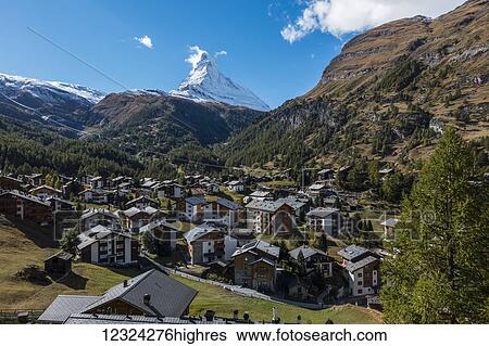 Stock Photograph - View of Zermatt, Switzerland from the Gornergrat railway, Matterhorn in centre of frame; Zermatt, Valais, Switzerland. Fotosearch