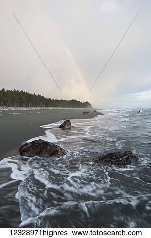 Stock Photograph - Water washes up on the sand beach along the coastline with forest and cloud; Alaska, United States of America. Fotosearch
