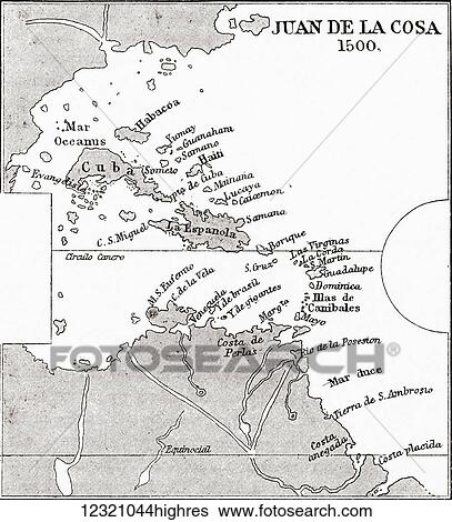 Western part of the map of Juan de la Cosa from 1500. Juan de la Cosa sailed with Christopher Columbus on his first three voyages. From the book Life of Christopher Columbus by Clements R. Markham published 1892. View Large Photo Image Stock Photograph - Western part of the map of Juan de la Cosa from 1500. Juan de la Cosa sailed with Christopher Columbus on his first three voyages. From the book Life of Christopher Columbus by Clements R. Markham published 1892.. Fotosearch
