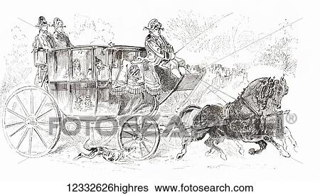 Stock Photograph - A 19th century horse drawn carriage. From Album-Evenement, Prime du Journal L'Evenement, published 1865.. Fotosearch