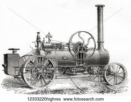 Stock Photograph - A 19th century John Fowler steam driven ploughing or traction engine. From Les Merveilles de la Science, published 1870.. Fotosearch