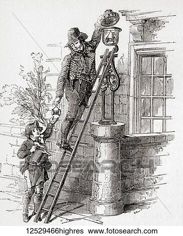 Stock Photograph - A 19th century lamplighter in London, England. From Old England: A Pictorial Museum, published 1847.. Fotosearch