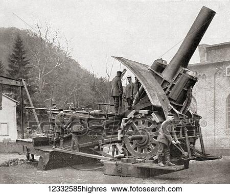 Stock Photograph - A Big Bertha, a heavy howitzer gun developed in Germany at the start of World War One. From Meyers Lexicon, published 1927.. Fotosearch