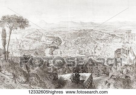 Stock Photograph - A bird's eye view of Rome, Italy in the 19th century. From Album-Evenement, Prime du Journal L'Evenement, published 1865.. Fotosearch