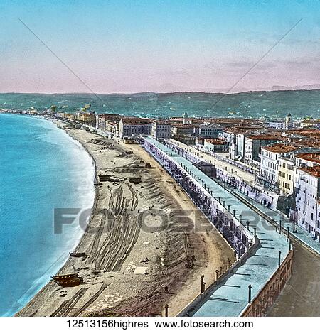 Stock Photograph - A charming Mediterranean town along the Bay of Nice, Magic lantern slide; Nice, France. Fotosearch