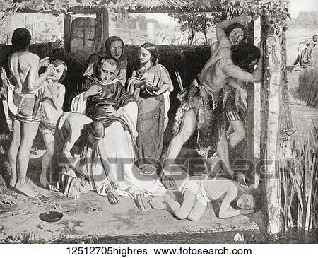 Stock Photograph - A Christian priest is sheltered from the persecution of the Druids by a British family. From Hutchinson's History of the Nations, published 1915.. Fotosearch