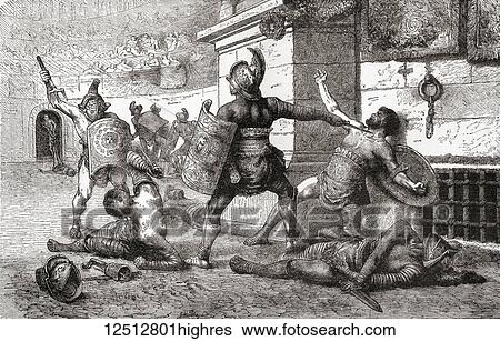 Stock Photograph - A combat between Gladiators in ancient Rome. The vanquished appealing to the spectators for mercy. From Ward and Lock's Illustrated History of the World, published c. 1882.. Fotosearch