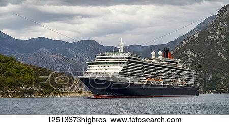 Stock Photograph - A cruise ship in the Bay of Kotor; Monte. Fotosearch
