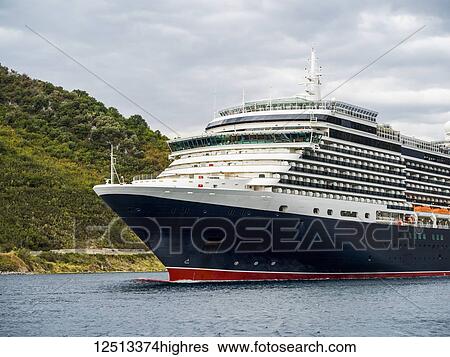 Stock Photograph - A cruise ship in the Bay of Kotor; Monte. Fotosearch