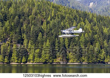Stock Photograph - A float plane travels low above the ocean on a scenic tour of the forest and mountains near Vancouver; British Columbia, Canada. Fotosearch