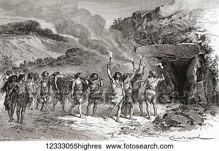 Stock Photograph - A funeral ceremony during the Late Stone Age aka Age of the Reindeer. From L'Homme Primitif, published 1870.. Fotosearch