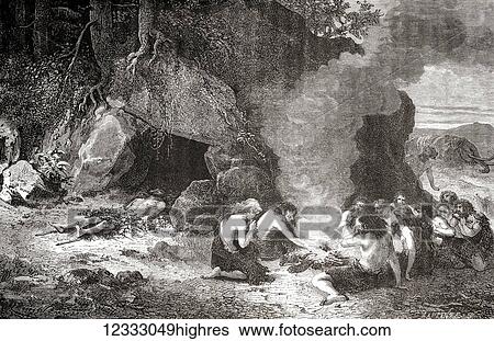 Stock Photograph - A funeral meal during the stone age. From L'Homme Primitif, published 1870.. Fotosearch