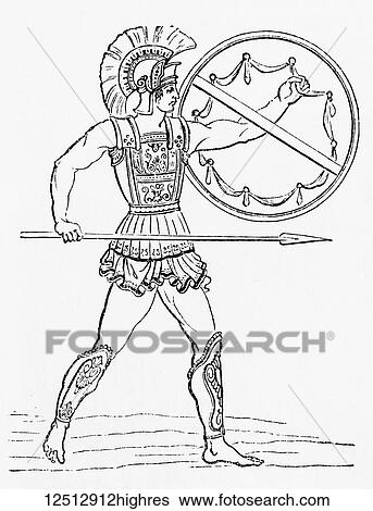 Stock Photograph - A Greek warrior. From Ward and Lock's Illustrated History of the World, published c. 1882.. Fotosearch