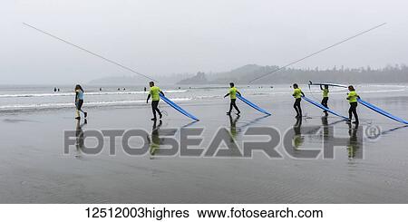 A group of people on the wet beach wearing matching t-shirts and carrying blue surfboards, Cox Bay Beach, Pacific Rim National Park, Vancouver Island; Tofino, British Columbia, Canada View Large Photo Image Stock Photograph - A group of people on the wet beach wearing matching t-shirts and carrying blue surfboards, Cox Bay Beach, Pacific Rim National Park, Vancouver Island; Tofino, British Columbia, Canada. Fotosearch