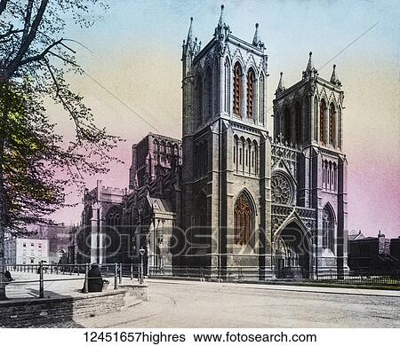 Stock Photograph - A hand coloured magic lantern slide circa 1900. Bristol cathedral. Fotosearch
