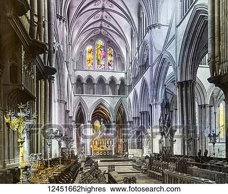 Stock Photograph - A hand coloured magic lantern slide circa 1900. The choir Salisbury cathedral. Fotosearch