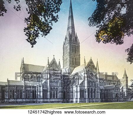 Stock Photograph - A hand coloured magic lantern slide circa 1900. Salisbury cathedral. Fotosearch