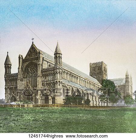 Stock Photograph - A hand coloured magic lantern slide circa 1900. St Albans Abbey. Fotosearch